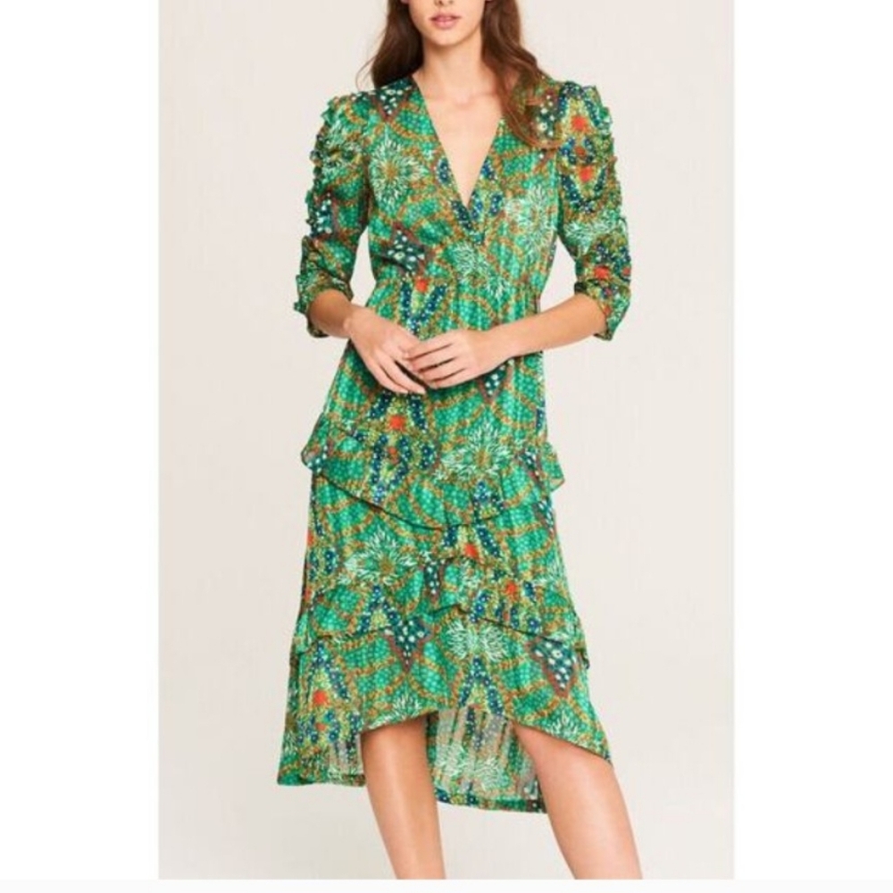 BA&SH Green Floral French Luxury Flowy Bohemian Chic Maxi Dress Size Large